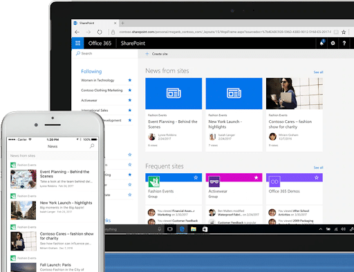 Microsoft Office 365 - Microsoft SharePoint - Dashboard display on mobile and desktop
