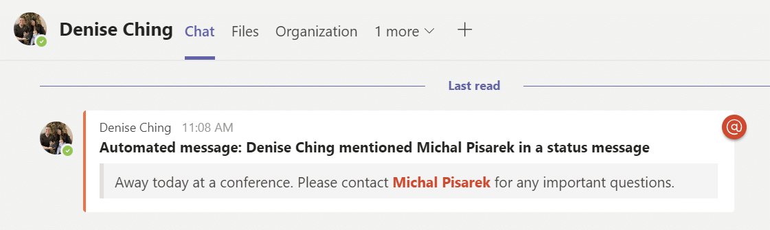 Screenshot - Notification of Microsoft Teams Status Message