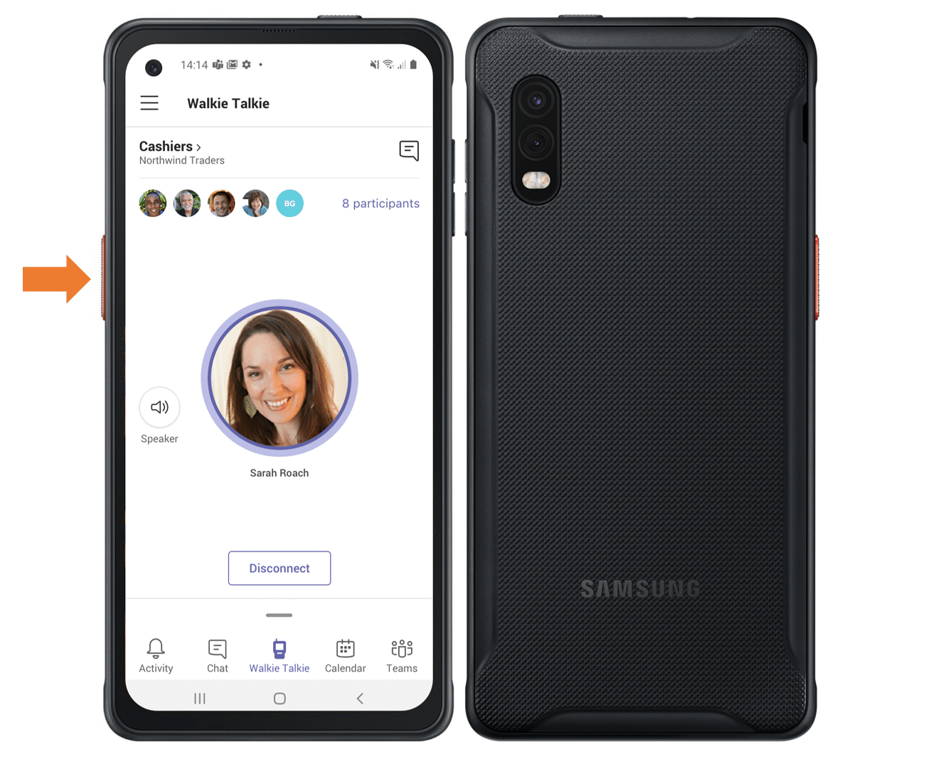 Samsung phone displaying Microsoft Teams walkie talkie feature