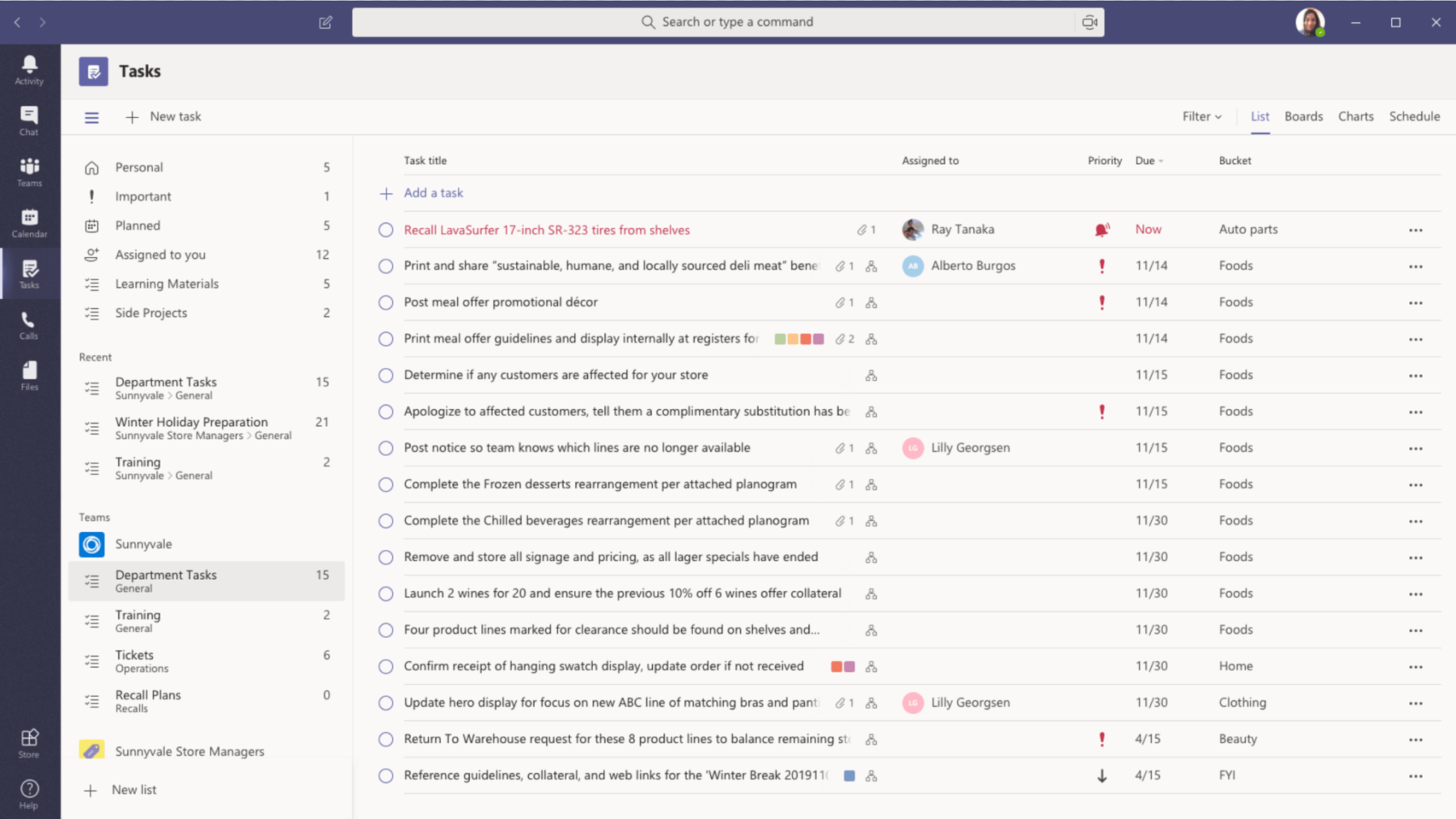 Screenshot of tasks in Microsoft Teams