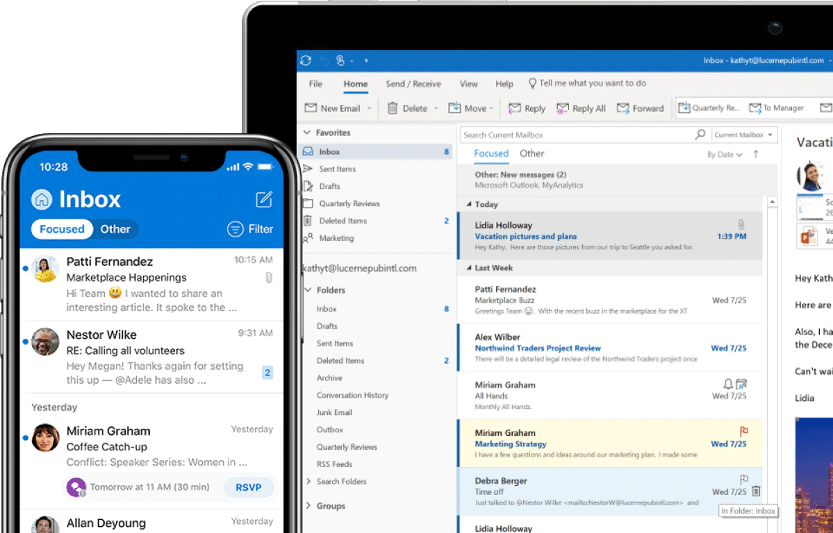 Office 365 Mobile & Desktop View of Microsoft Outlook email inbox