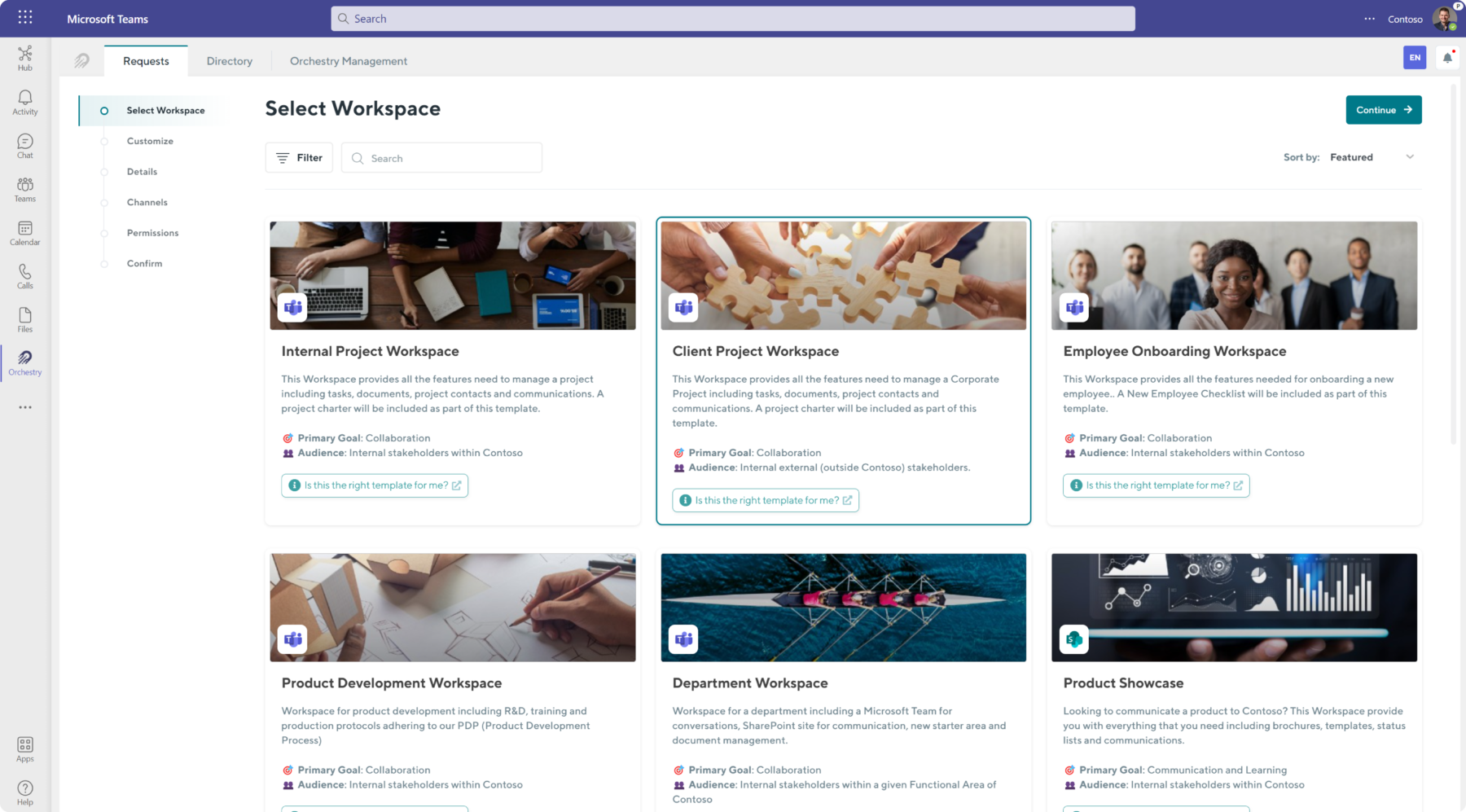 Orchestry's Microsoft Teams and SharePoint template library in the Teams & SharePoint online Provisioning engine