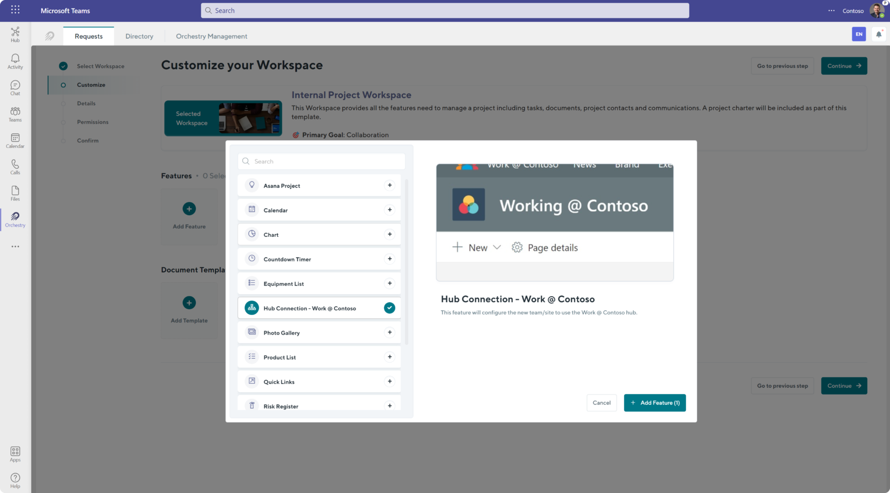 Orchestry's SharePoint and Microsoft Teams template app connections customizations available in the SharePoint and Teams provisioning engine