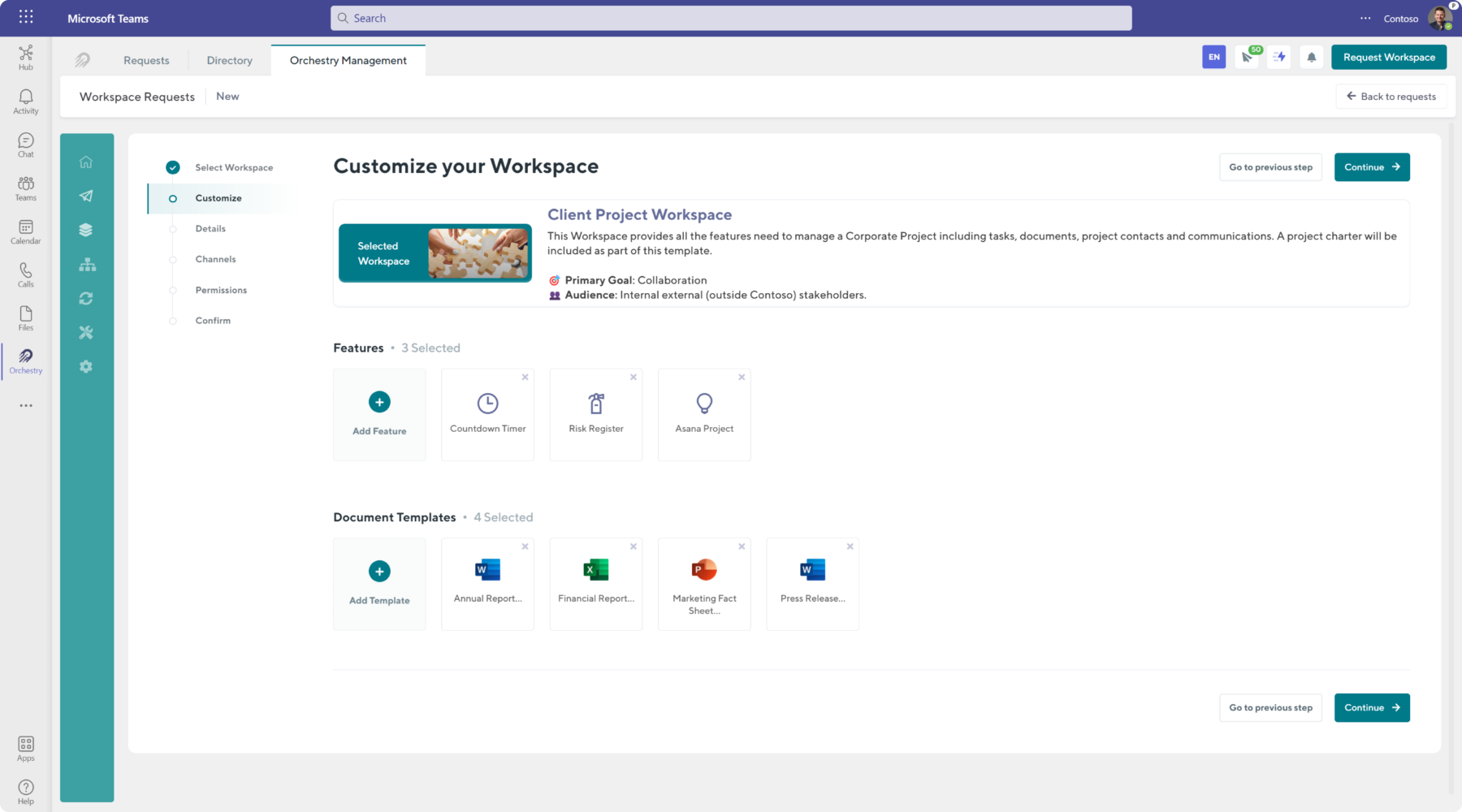 Orchestry's SharePoint and MS Teams template feature customizations available in the SharePoint and MS Teams provisioning engine