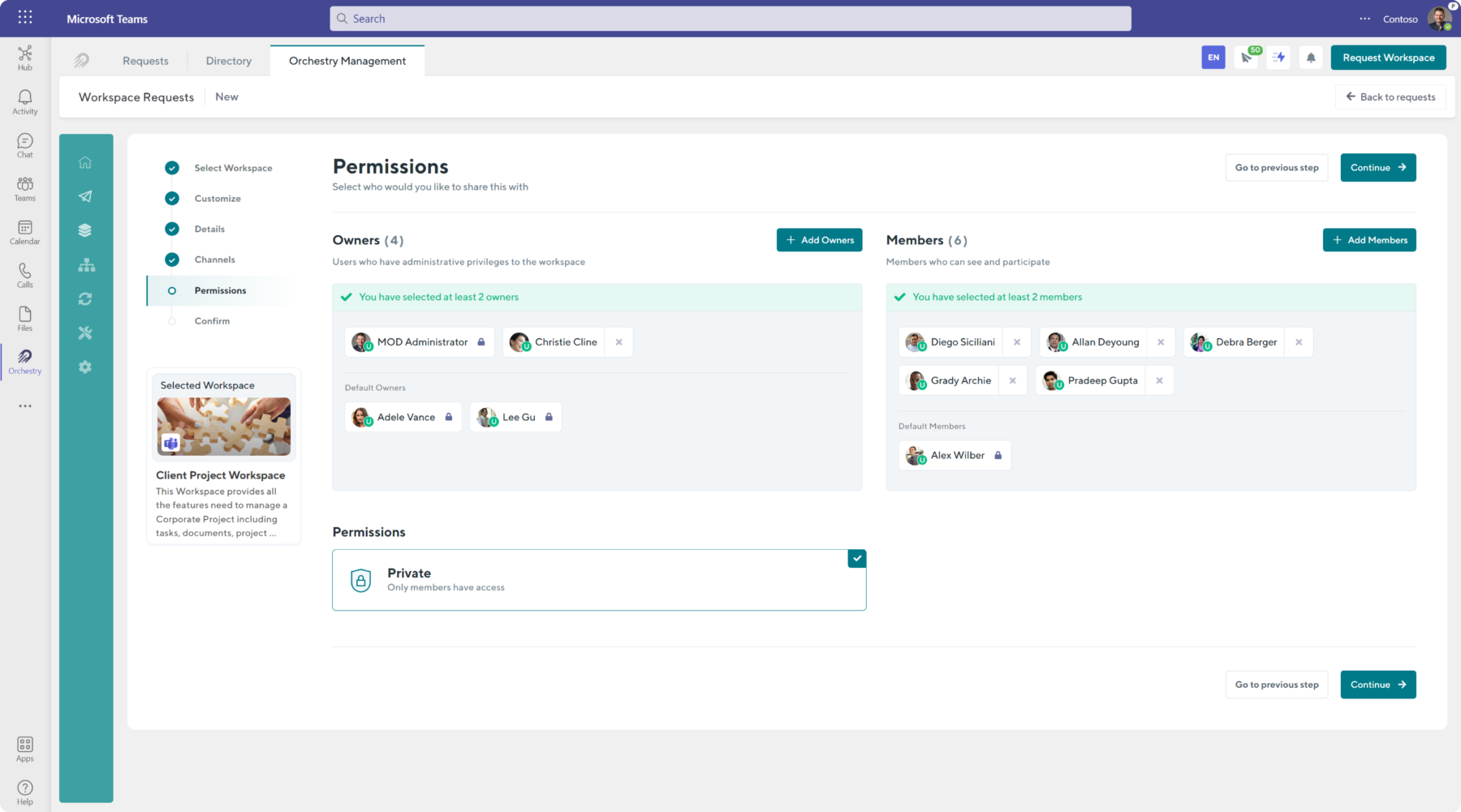 Orchestry's permissions configuration available in the SharePoint and Microsoft Teams provisioning engine