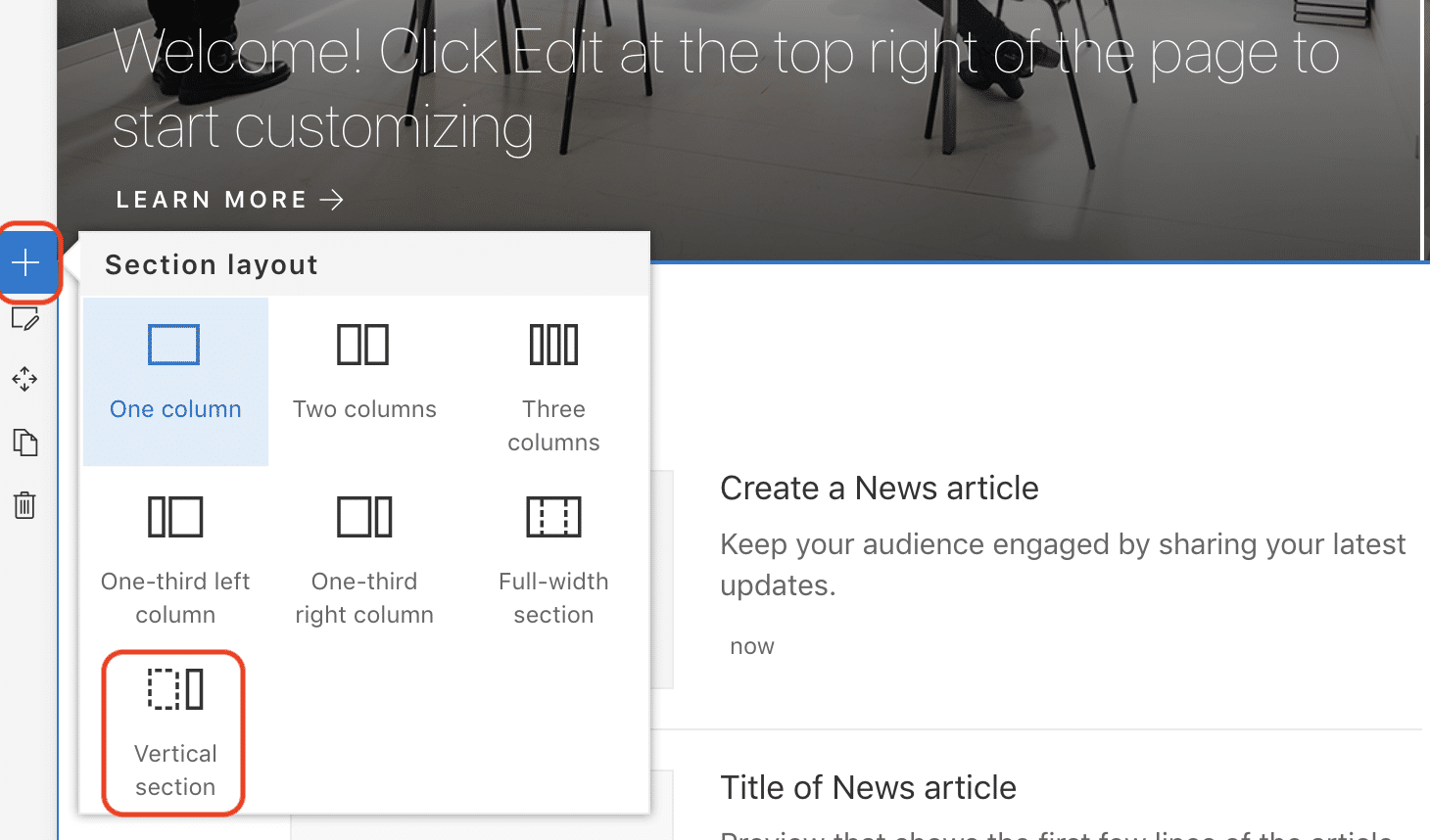 adding vertical sections SharePoint Online