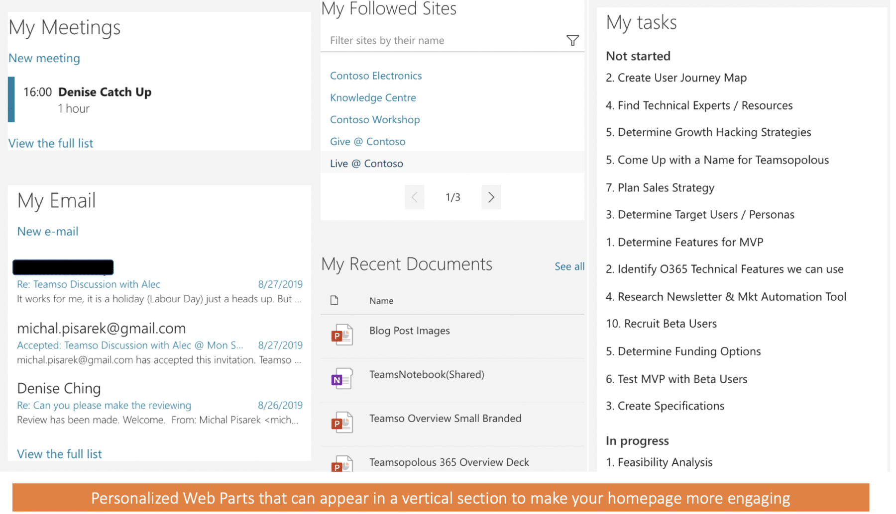 SharePoint Online Screenshot - Various Web Parts to use