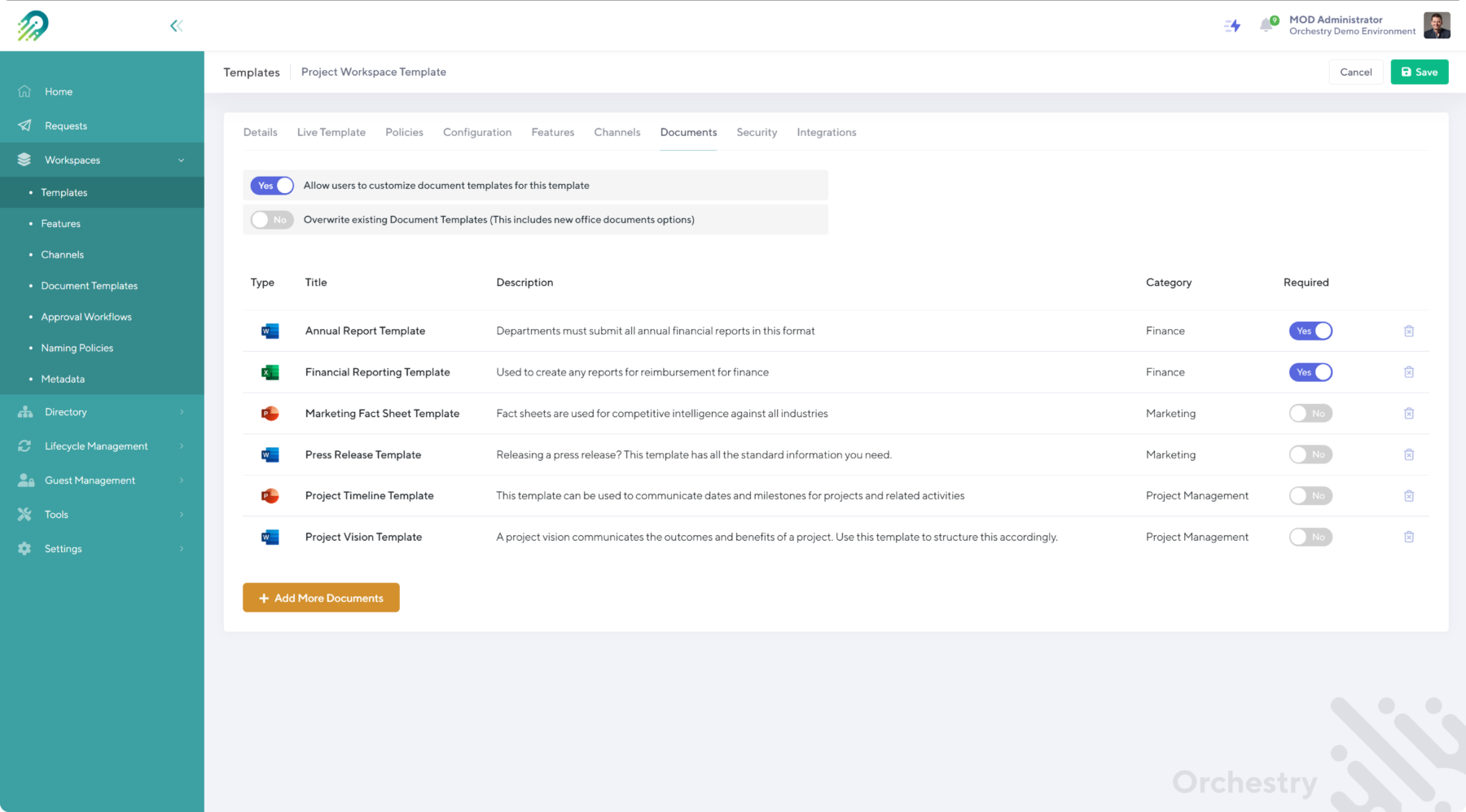 Orchestry's Microsoft Teams workspace template document configuration