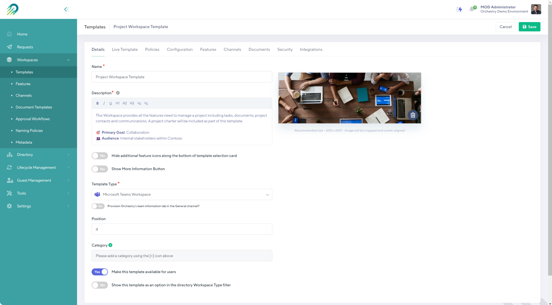 Orchestry's Microsoft Teams template details configuration