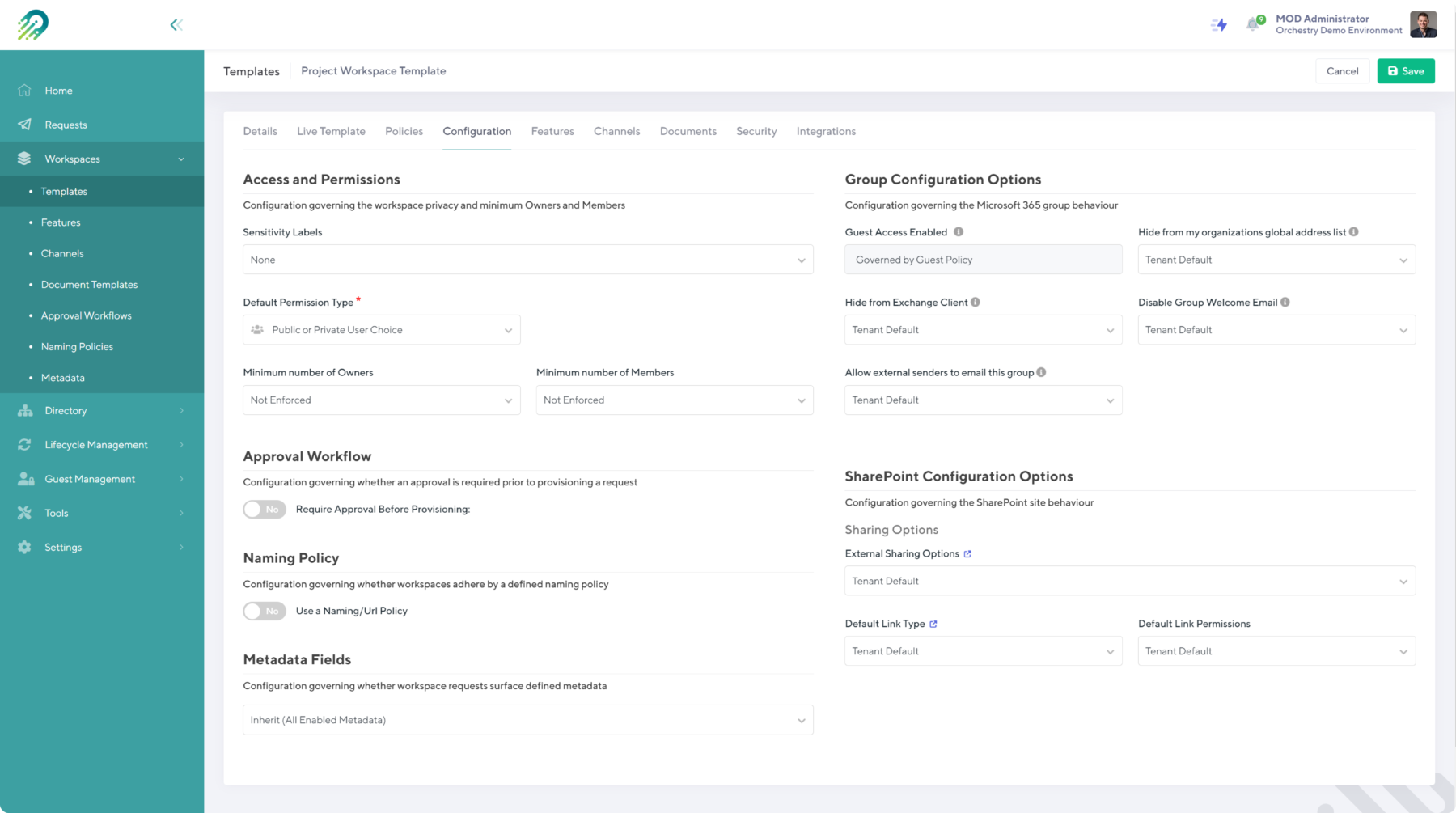 Orchestry's SharePoint and Microsoft Teams Template governance configuration