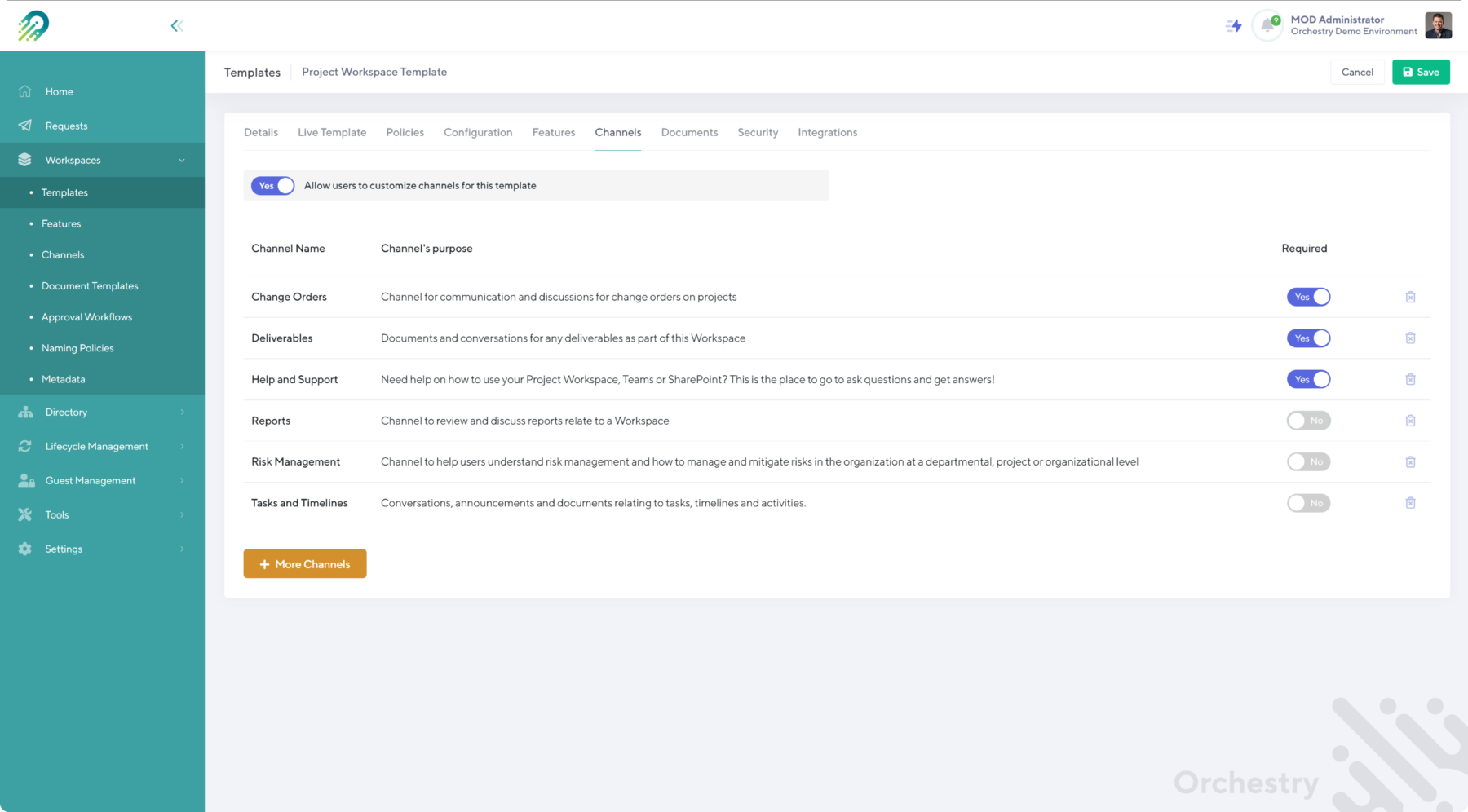 Orchestry's Microsoft Teams Template channel configuration