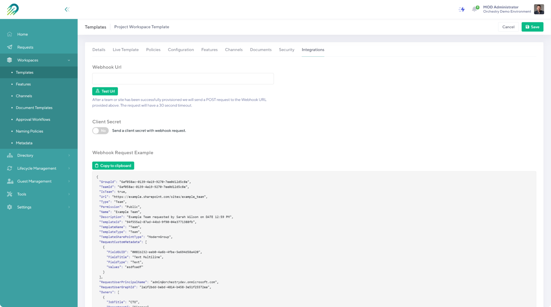 Orchestry's Microsoft Teams template third-party integrations webhook configuration