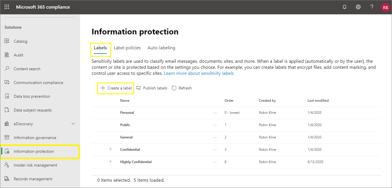 creating sensitivity labels in the microsoft compliance center