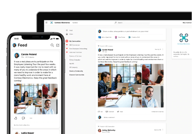 Microsoft Office 365 - Microsoft Yammer - Live feed display on mobile and desktop