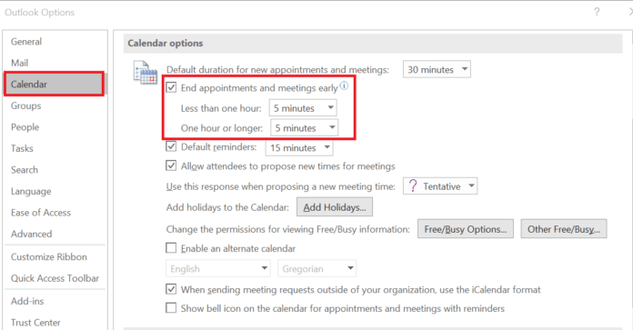 Microsoft Outlook Meeting settings