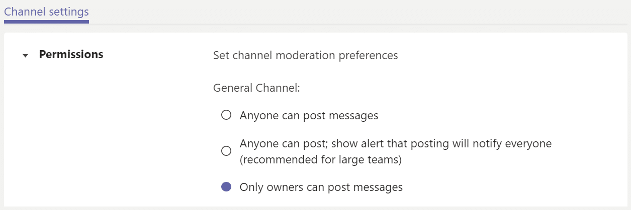 Screenshot of Microsoft Teams Channel Permissions for COVID-19 communications strategy