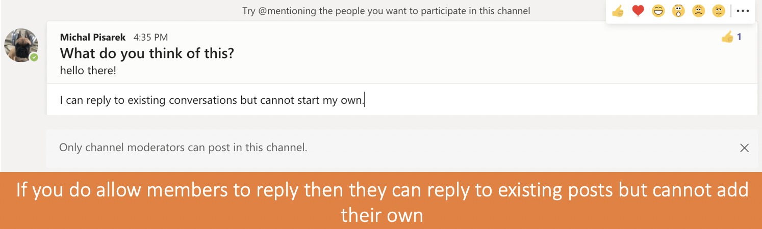 Screenshot of Microsoft Teams Channels replies