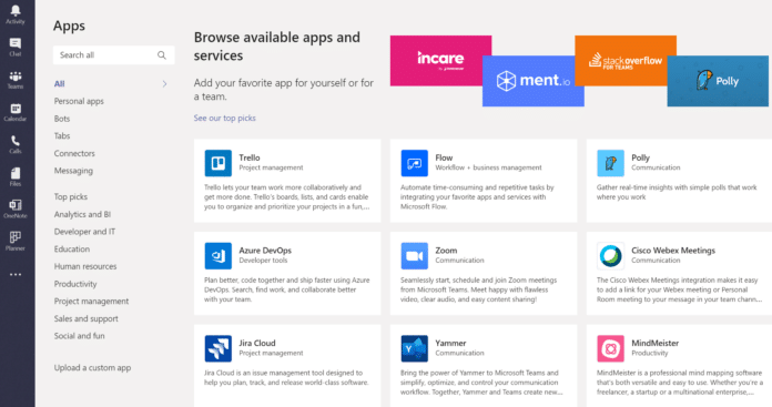 Screenshot - Microsoft Teams Integrations Options