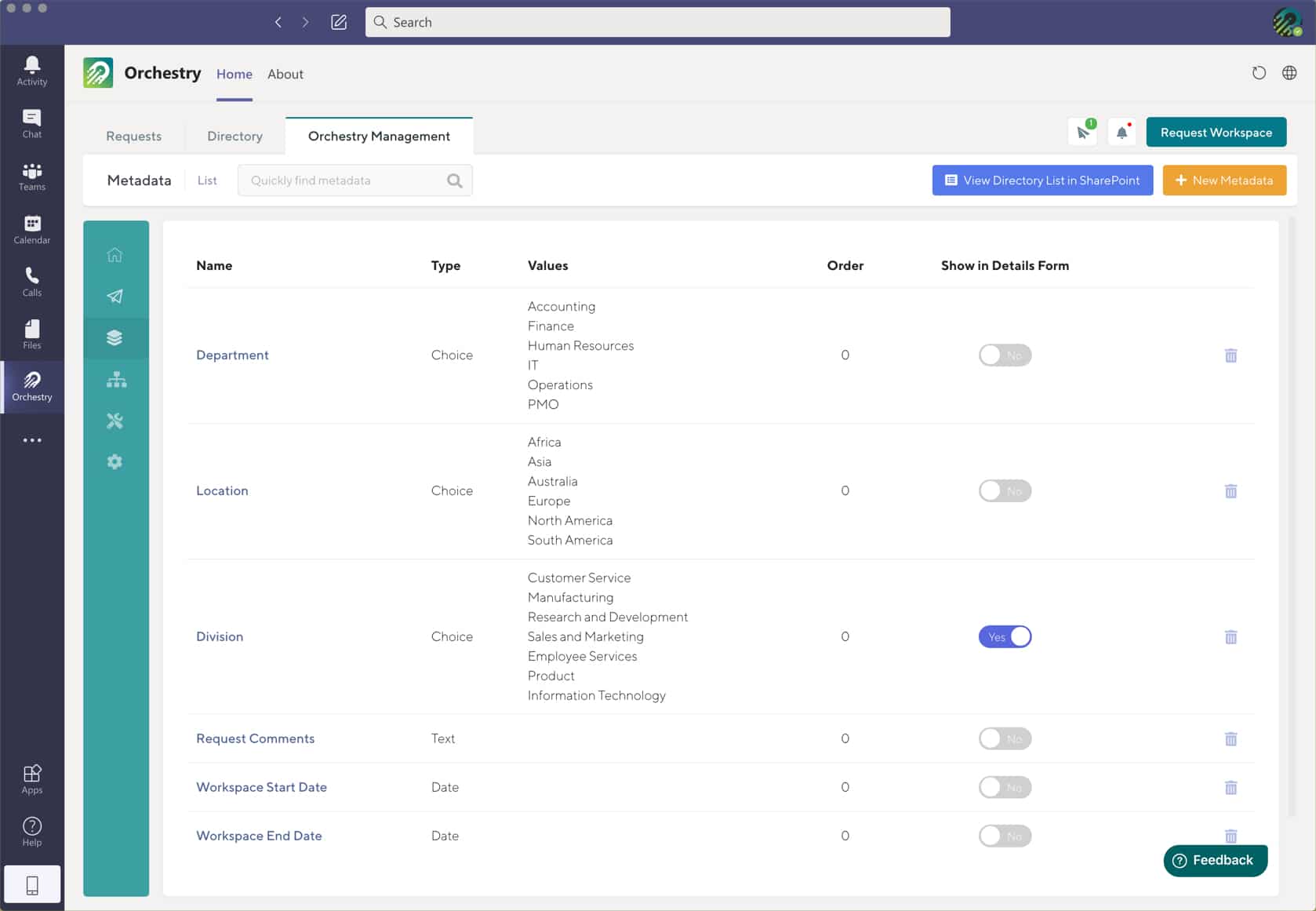 microsoft teams metadata view with orchestry governance capability