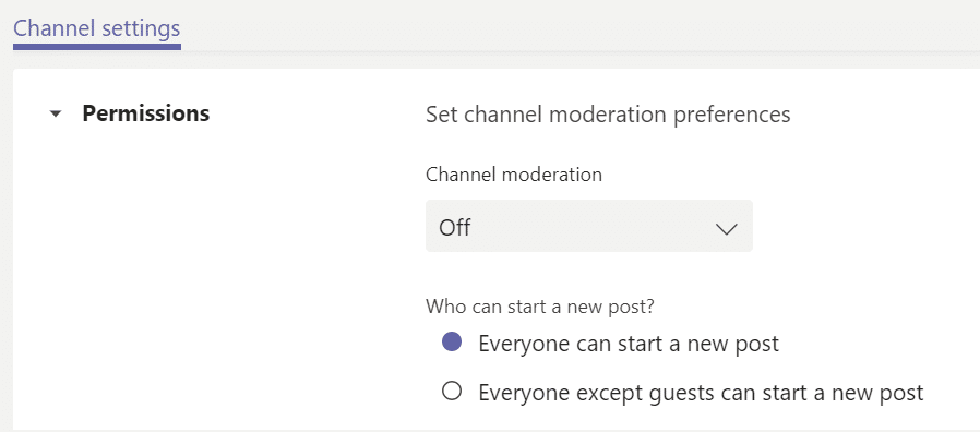 Screenshot of Microsoft Teams Sharing Permissions for COVID-19 communications strategy