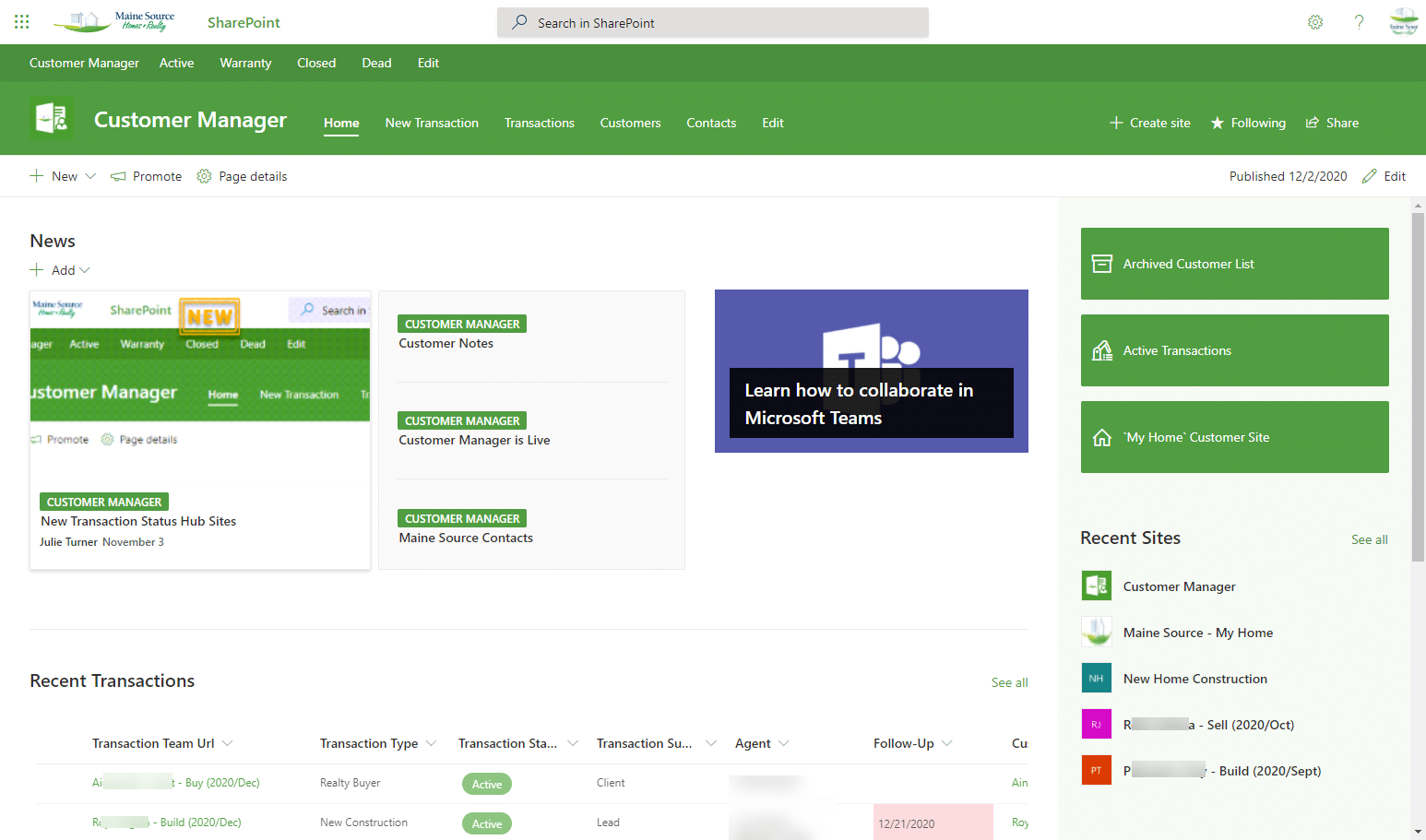 sharepoint site for customer management