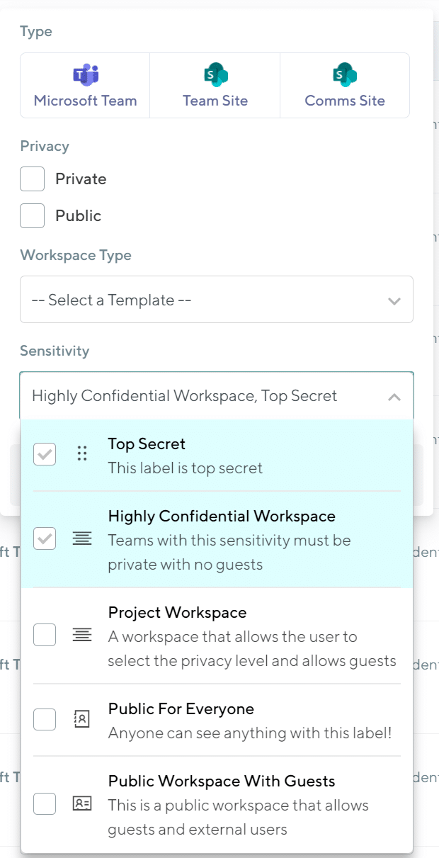 orchestry workspace directory filter with sensitivity labels